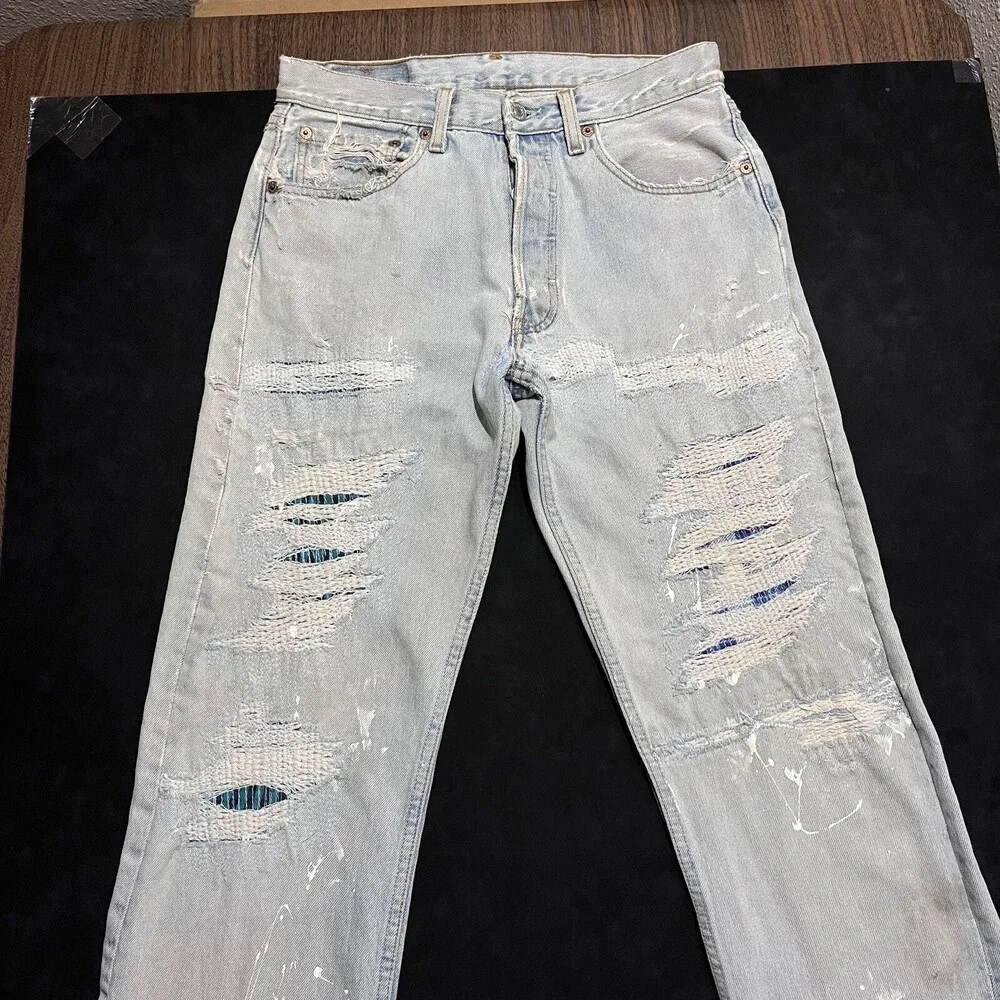 Levis 501 Jeans Sashiko Flannel Double Knee Thrash Vintage Levi USA 1990s 30x30